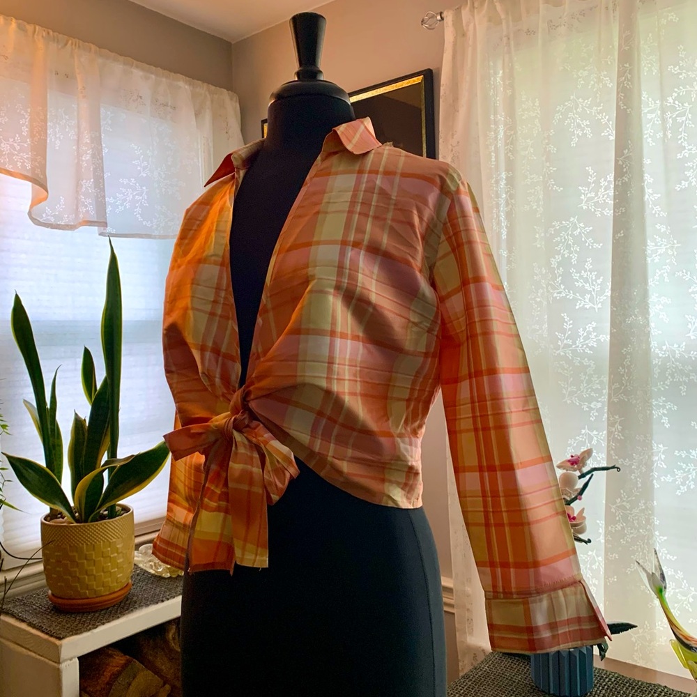 Y2K Petite Sophisticate Silk Cropped Plaid Tie-Front Shirt